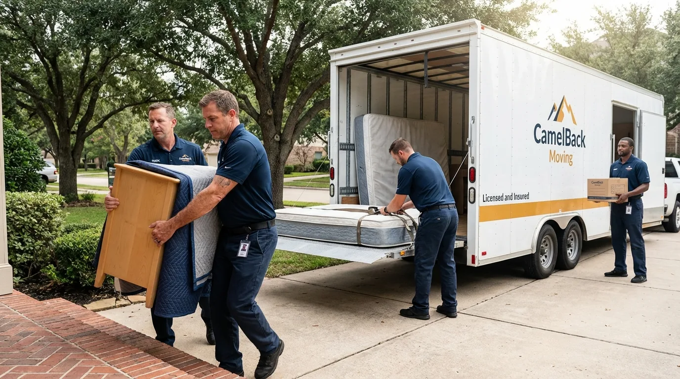 Crew loading residential truck for cross-state move from New Berlin, IL