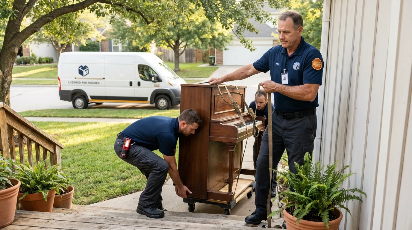 Licensed piano movers securing grand piano in New Berlin, IL