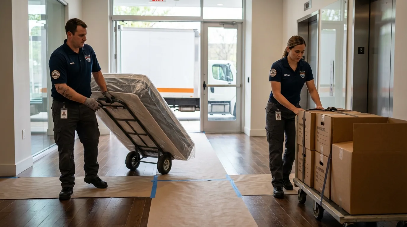 Professional apartment movers loading elevator in New Berlin, IL