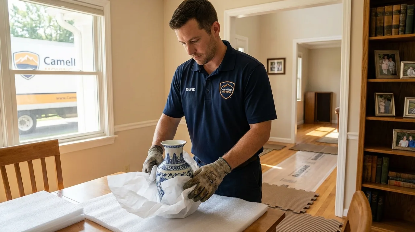 Professional crew carefully wrapping antique vase for senior downsizing move in New Berlin, IL